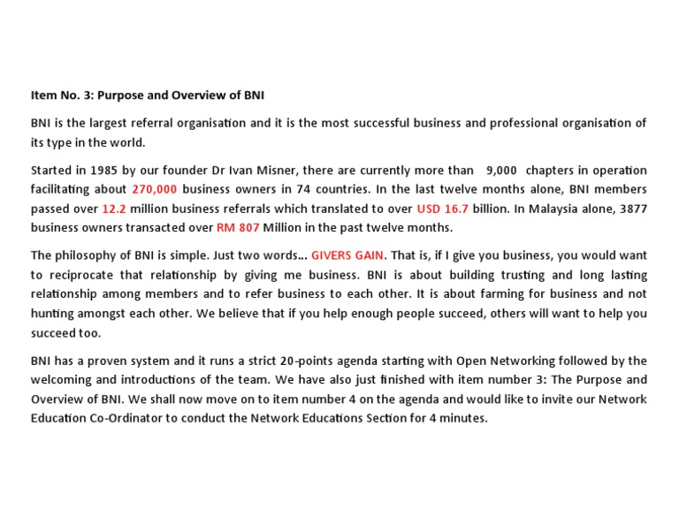 BNI Purpose and Overview Explained | PDF