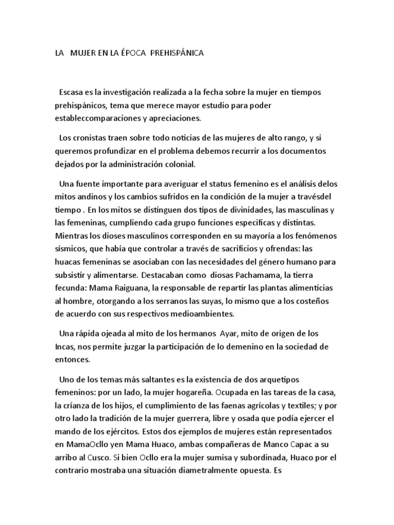 Rol de la mujer en la época prehispánica | PDF | Imperio Inca | Mujer