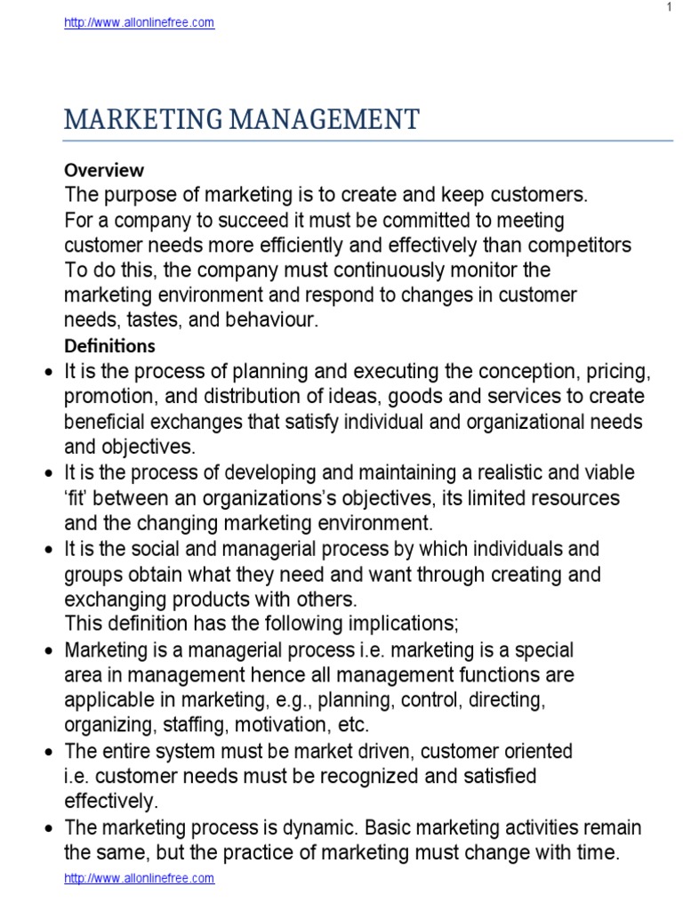 Marketing Management Notes PDF PDF Strategic Management Marketing
