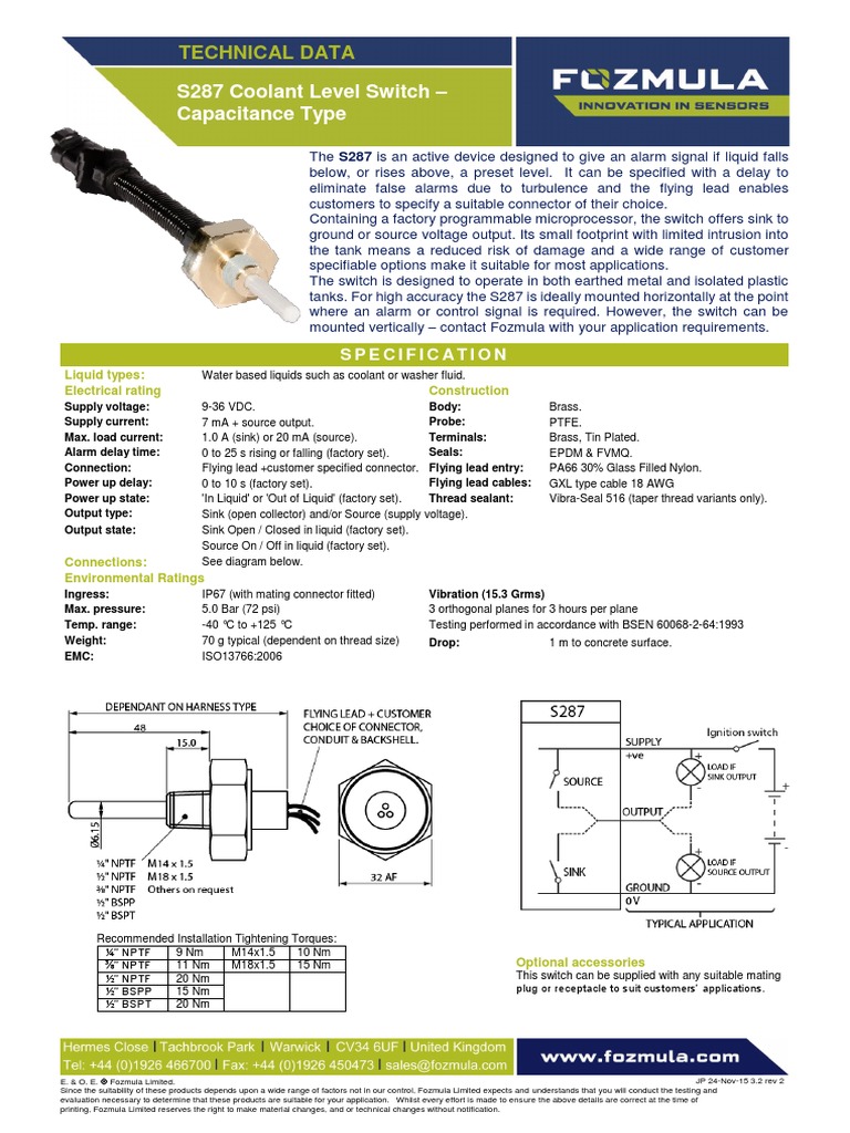 S287 Fozmula Capacitance Coolant Level Switch Data JP 24 Nov 15 3.2 Rev