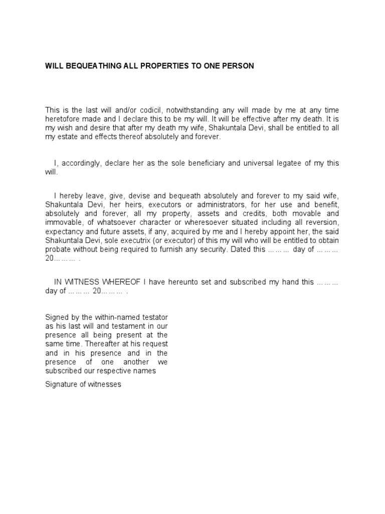 Universal Legatee Will for Shakuntala Devi | PDF
