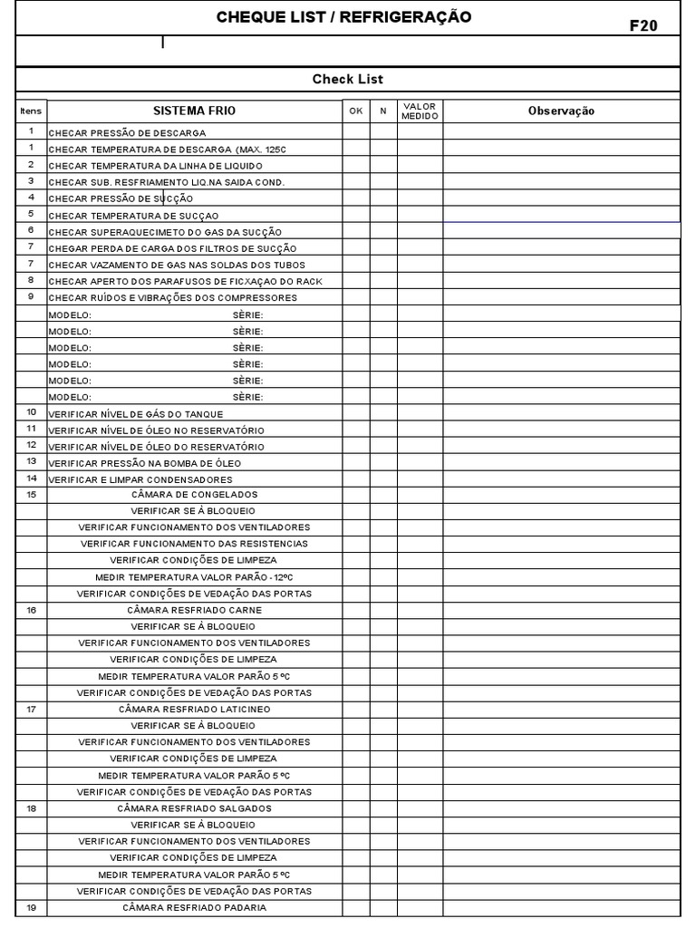 Modelo Check List Refrigeração | PDF | Refrigeração | Engenharia Civil