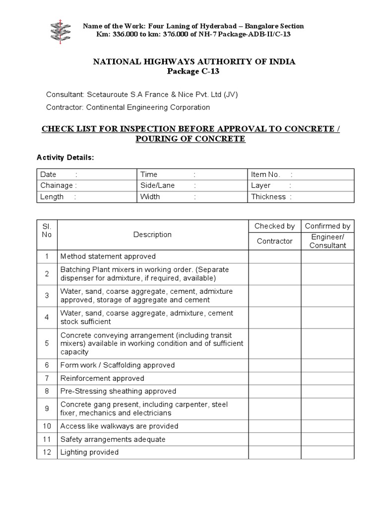 Check List For Inspection Before Approval To Concrete or Pouring of