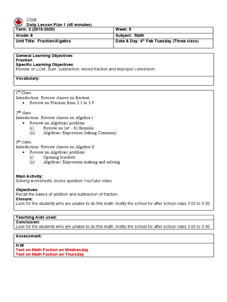 Math Lesson Plan Grade 8 | PDF | Fraction (Mathematics) | Algebra