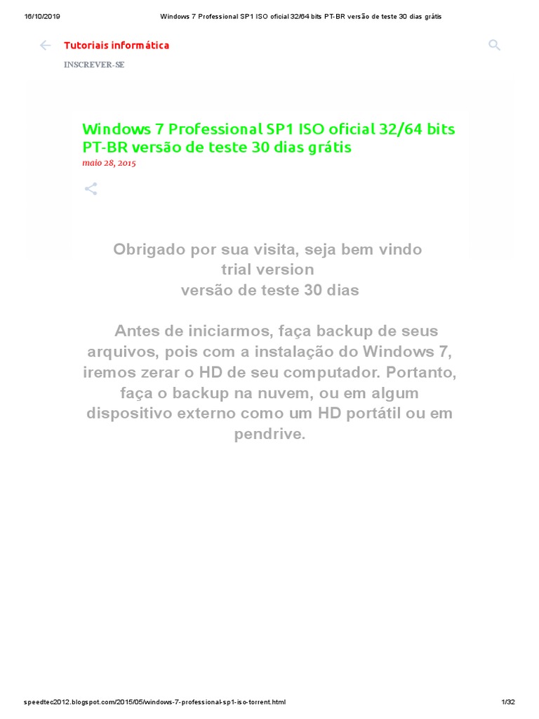 Windows 7 Professional SP1 ISO Oficial 32 - 64 Bits PT-BR Versão.