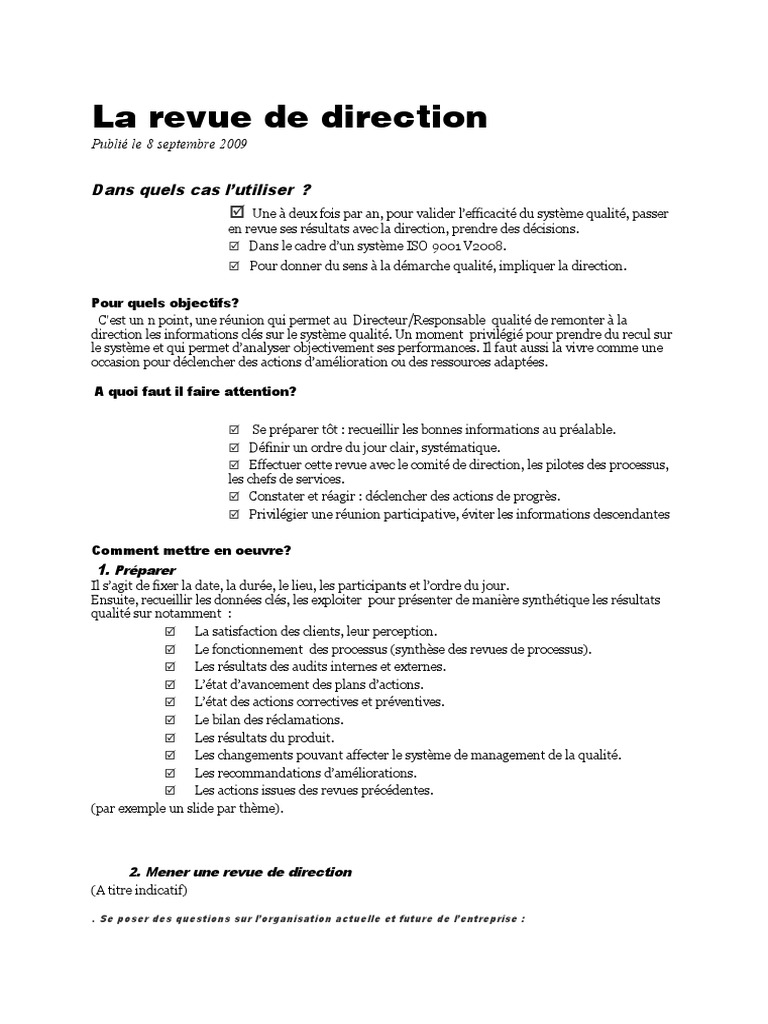 La Revue De Direction Management De La Qualite Affaires