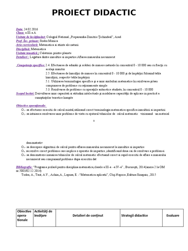 6 Proiect Didactic Matematica | PDF