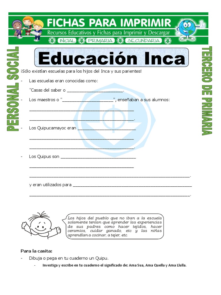 Ficha Educacion Inca para Tercero de Primaria | PDF | Imperio Inca ...
