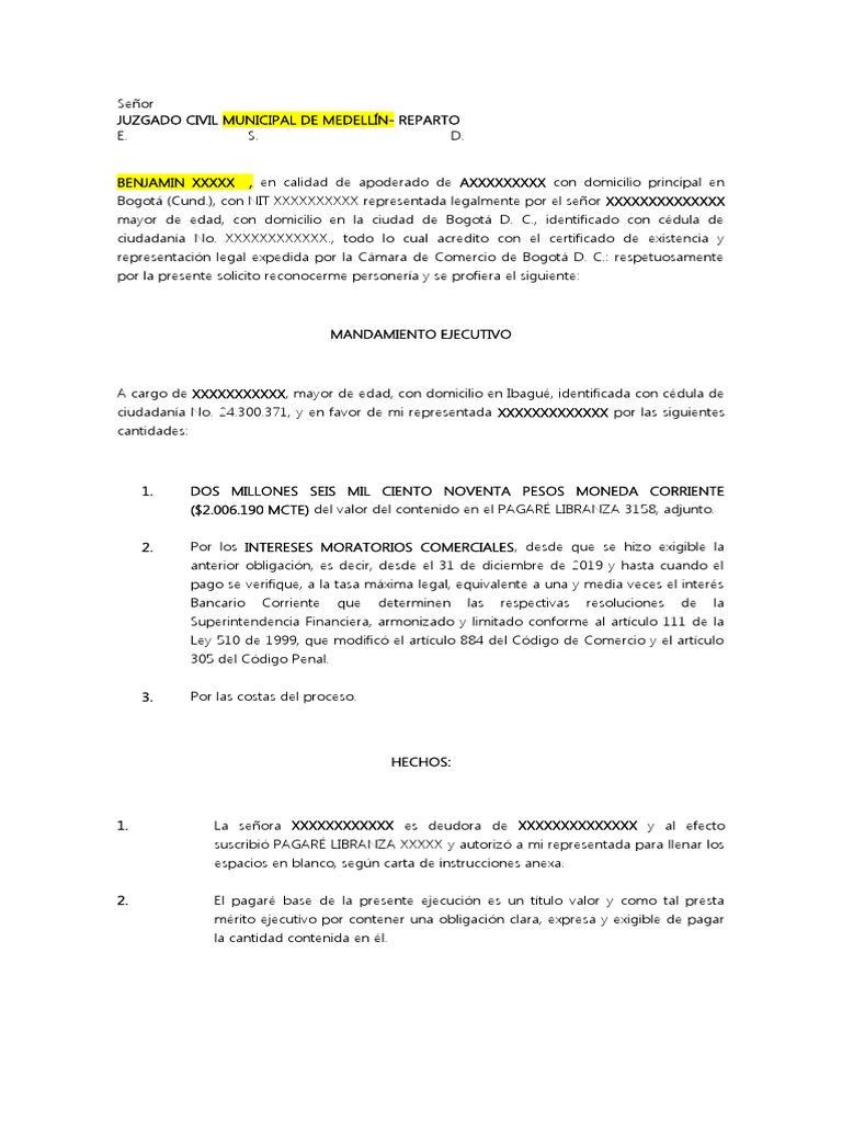 Modelo Demanda Pagaré Con Carta de Instrucciones | PDF | Bogotá | Gobierno