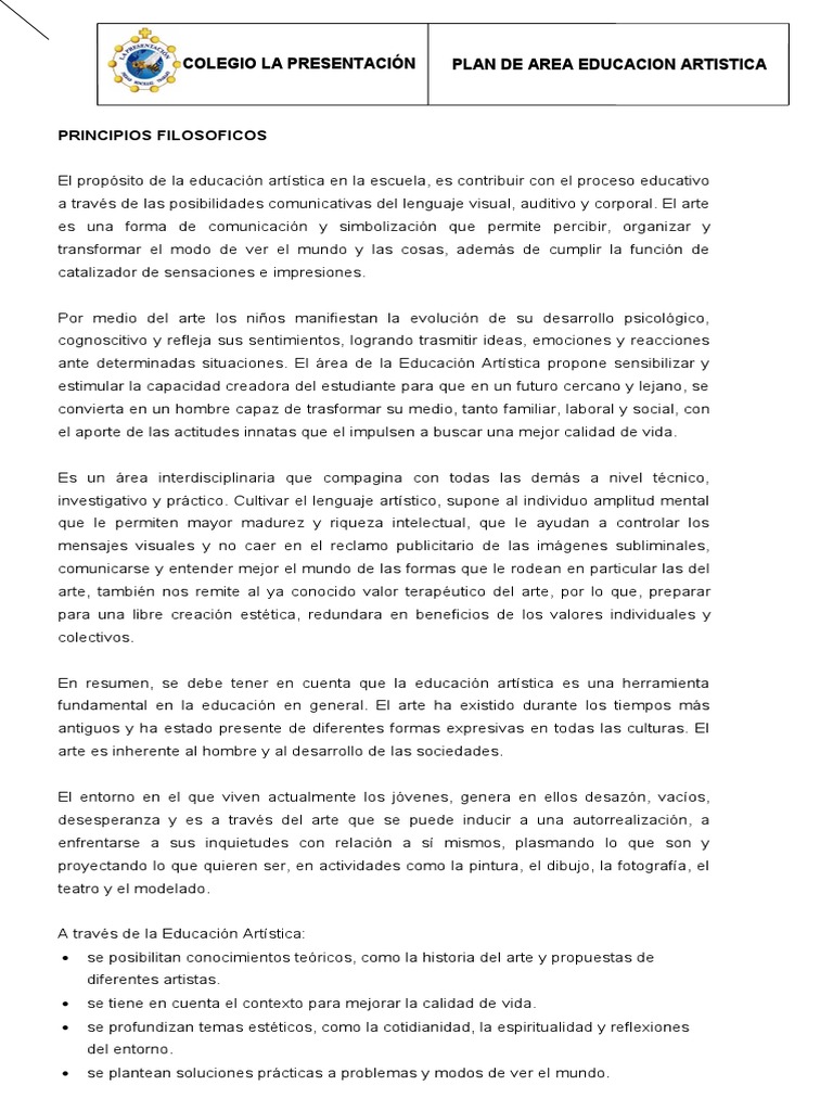 PLAN DE ESTUDIO DE ARTISTICA Viejo | PDF | Educación en artes visuales ...