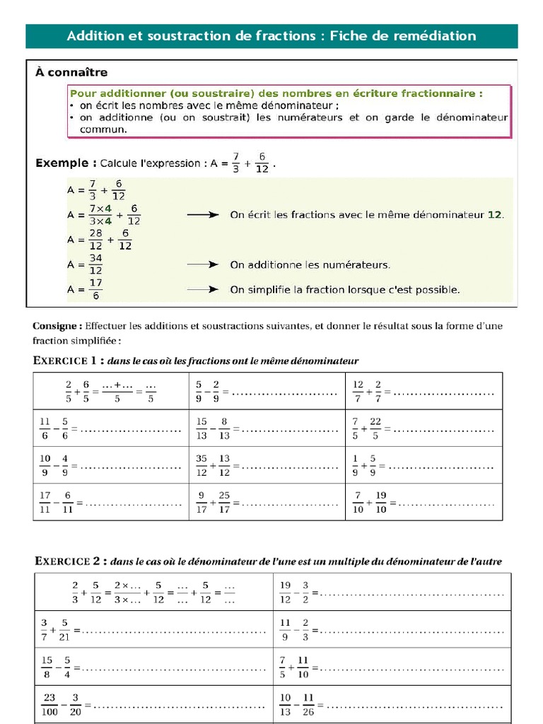 Addition Et Soustraction De Fraction Exercices Fiche de Remediation Addition PDF | PDF
