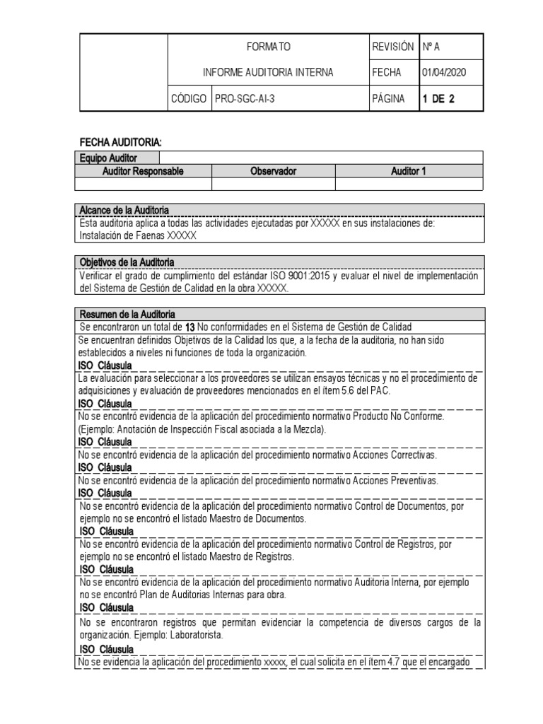 Informe de Auditoría Interna ISO 9001 | PDF | Sistema de manejo de ...