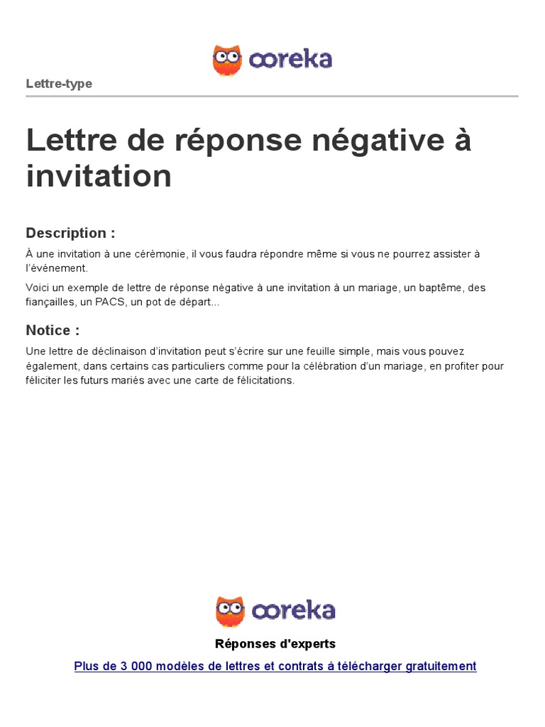 Réponse Négative à Une Invitation De Mariage