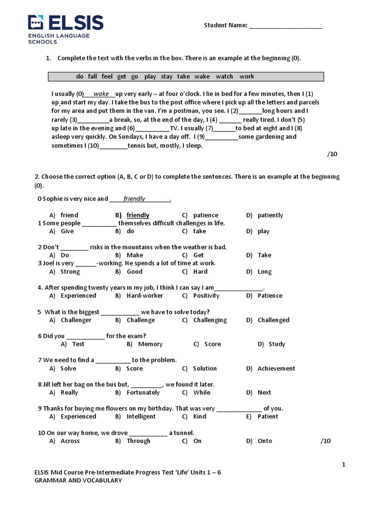 Pre Intermediate Mid Course Tests - Grammar and Vocabulary - Student ...