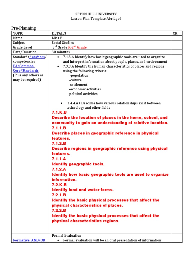 3rd Grade Social Studies Lesson Plan | PDF | Educational Assessment ...