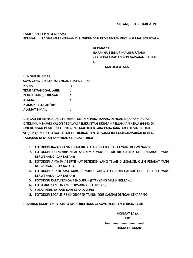 Contoh Surat Lamaran Kerja Pppk 2019