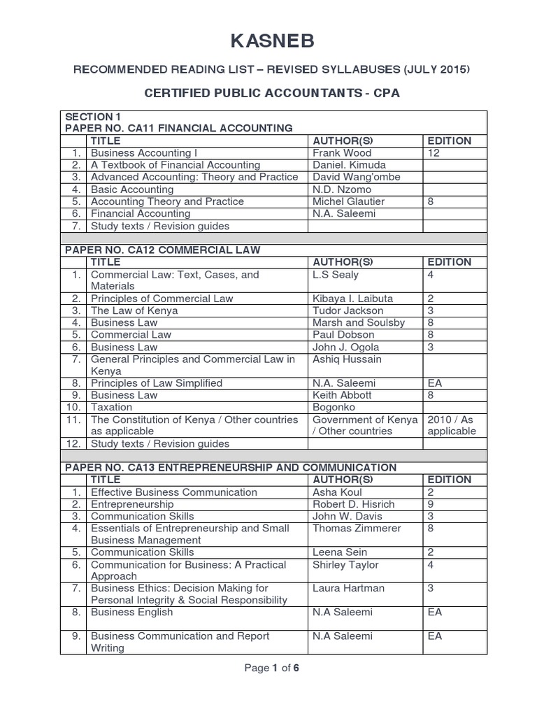 Cpa Reading List PDF Accounting Management Accounting