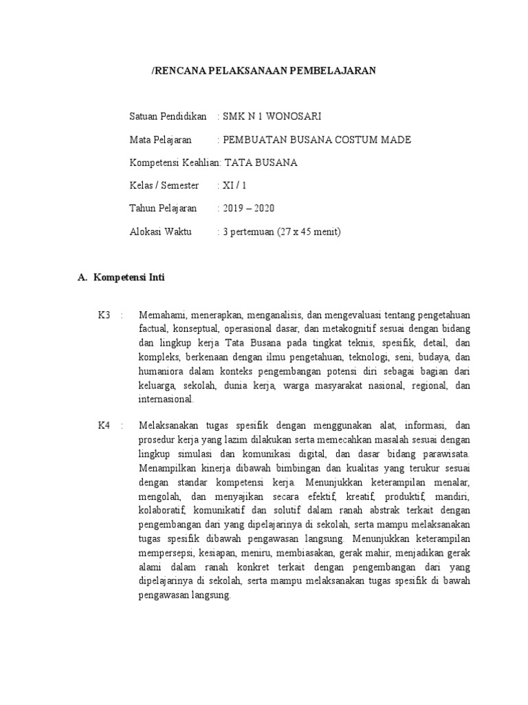 Rpp Materi Jas Busana Costummade Tata Busana Smk Pdf