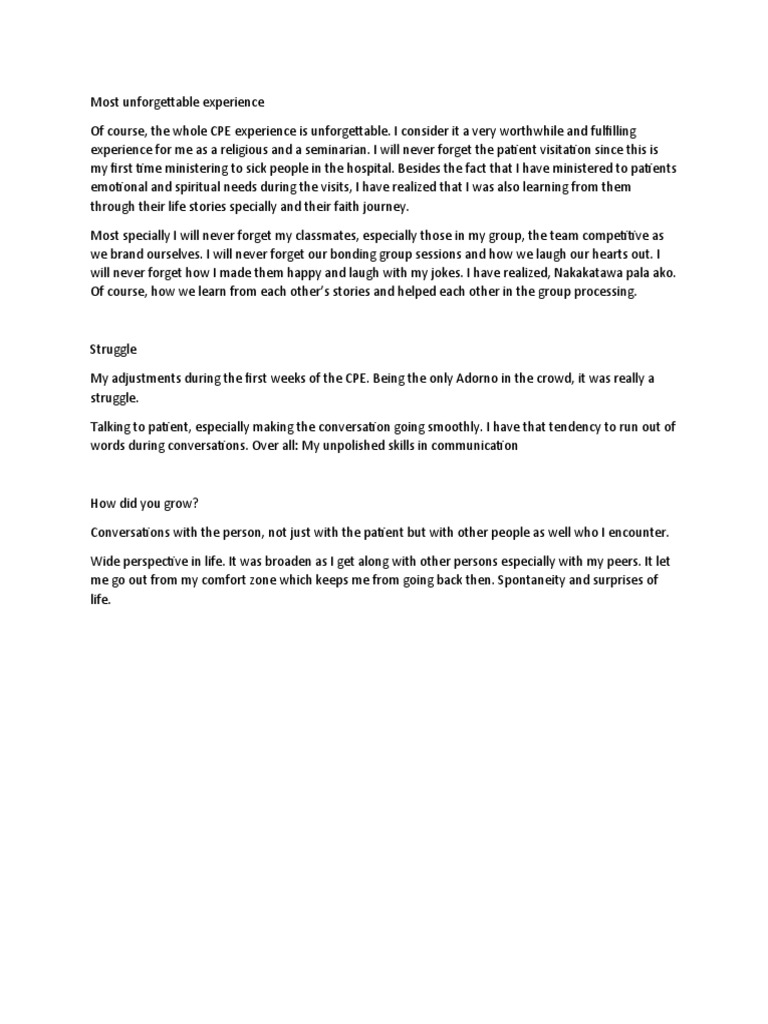Most Unforgettable Experience | PDF | Self-Improvement | Lifestyle