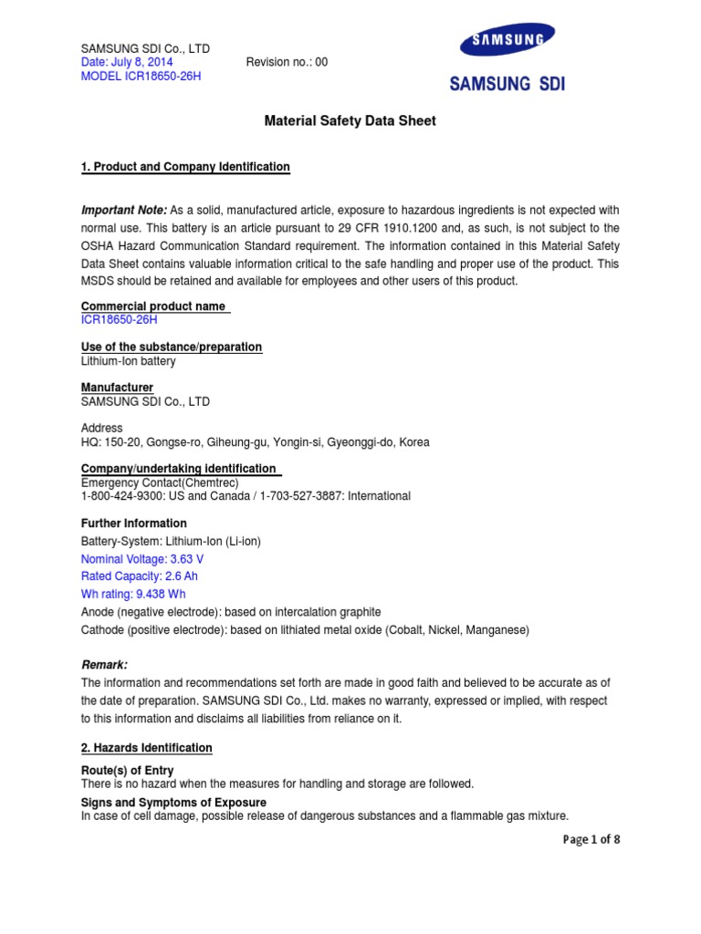 MSDS 2014 LiIon Battery Model 26H (Section ) 140708 Samsung