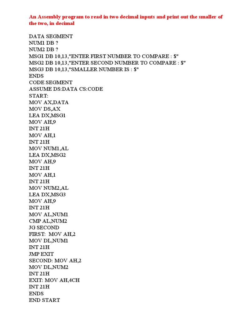 An Assembly Program To Read in Two Decimal Inputs and Print Out Their ...