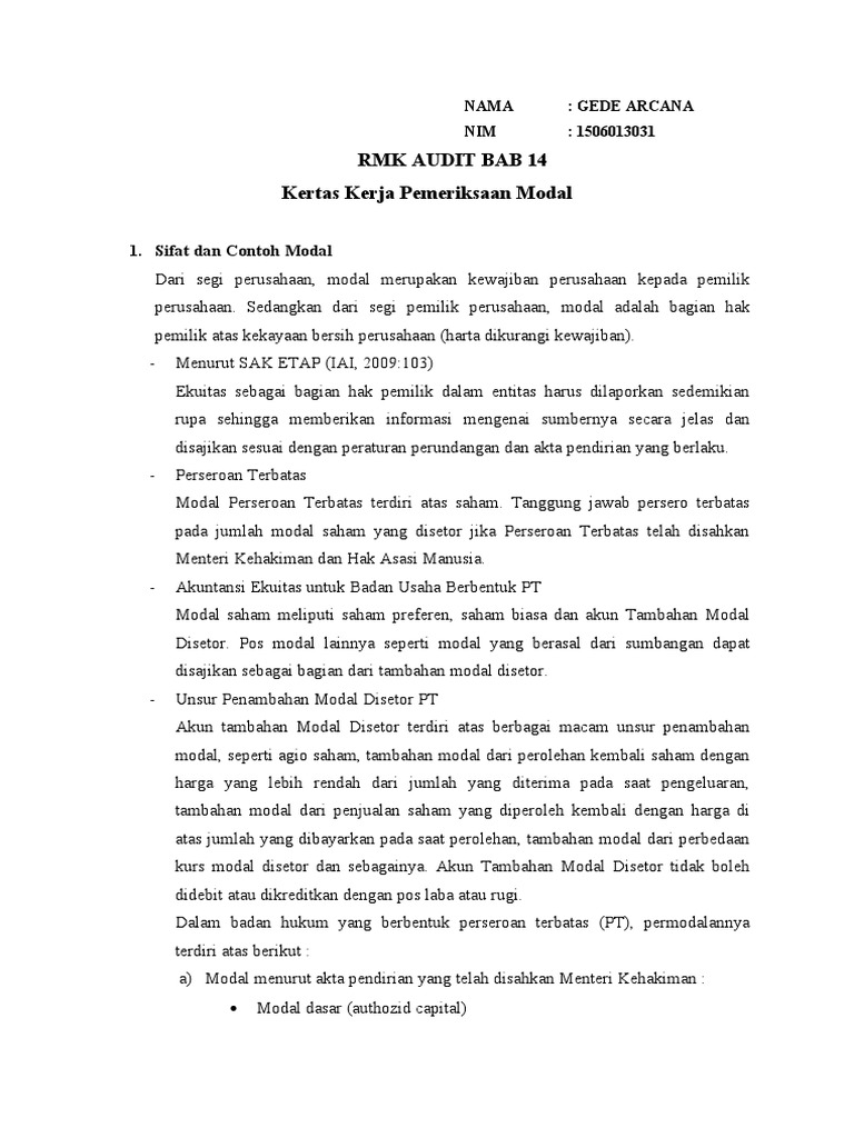 RMK AUDIT 14 Kertas Kerja Pemeriksaan Modal | PDF