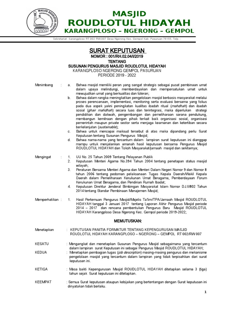 Sk Pengurus Takmir Masjid 2016 2019 Pdf
