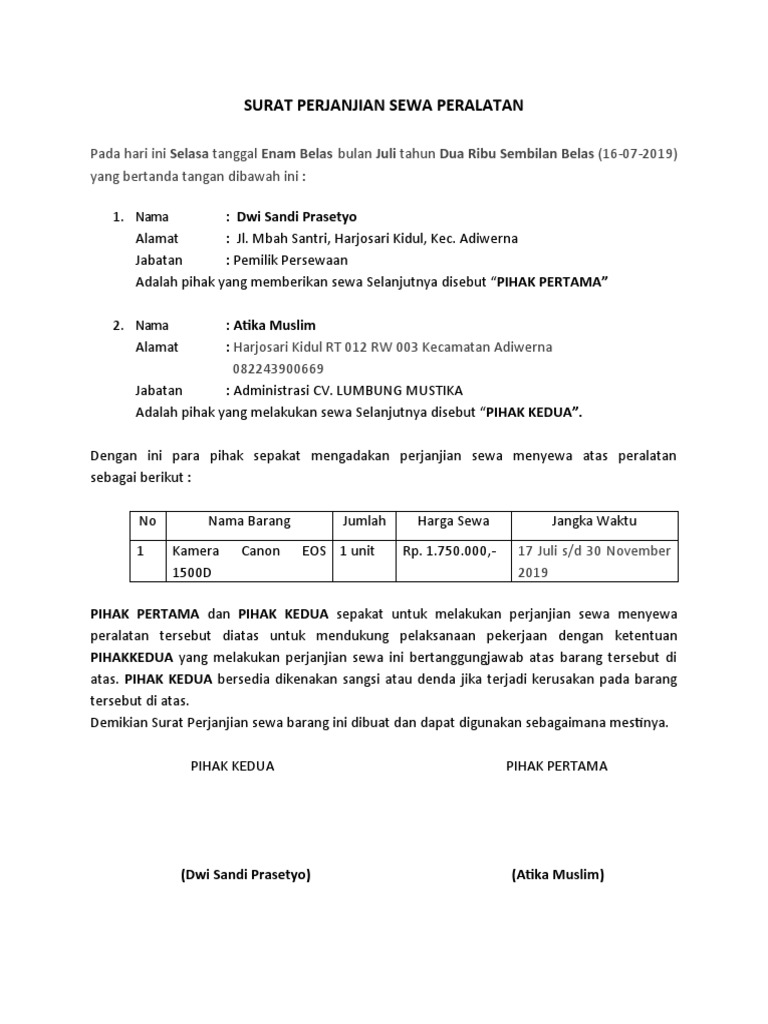 SURAT PERJANJIAN SEWA Kamera | PDF