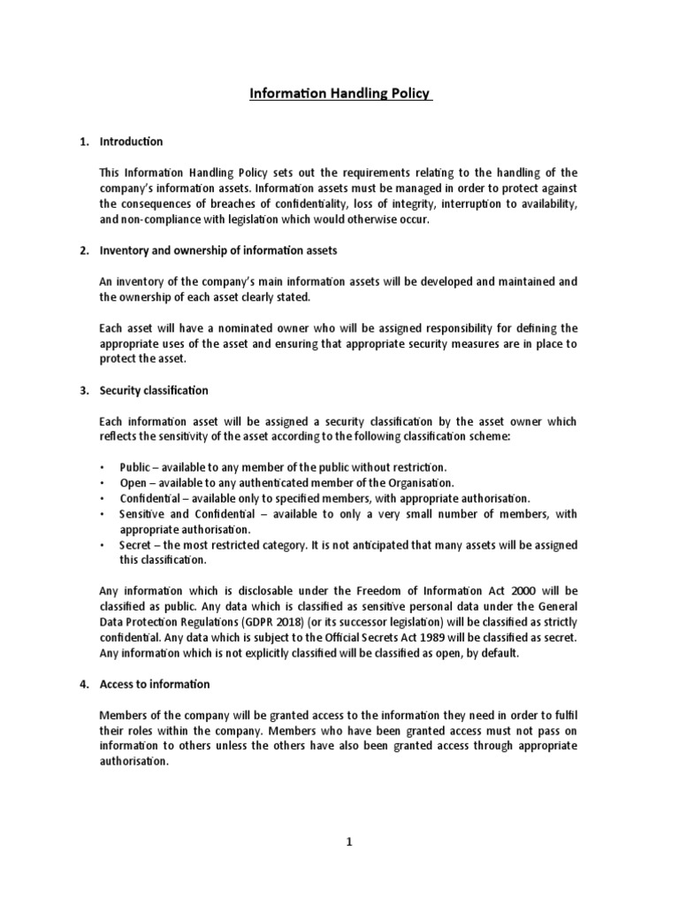 Info Handling Policy PDF Classified Information Information Security