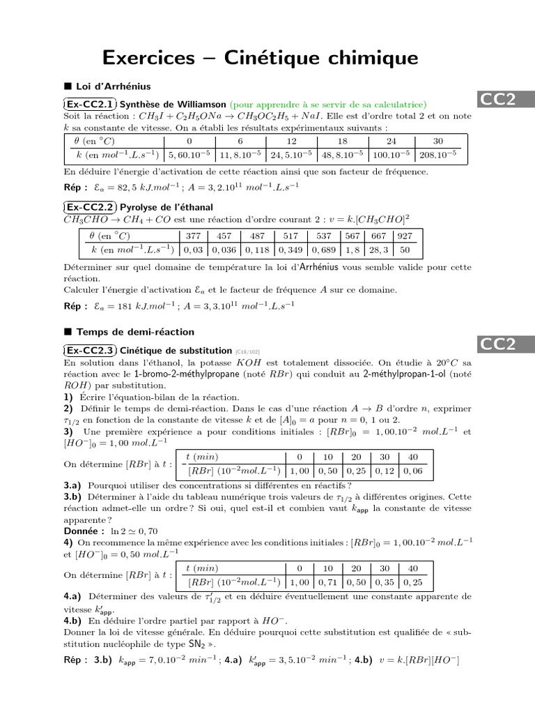 Exercices de Cinétique Chimique | PDF | Cinétique chimique | Réactions ...