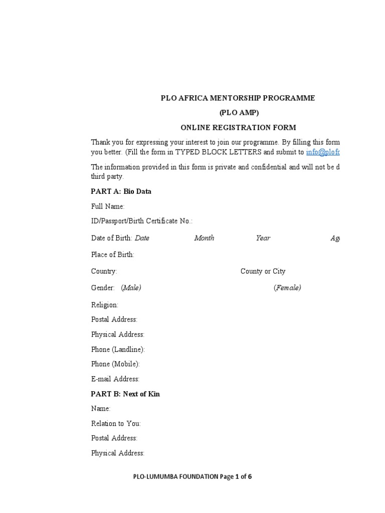 Application Form - PLO AMP - County Reps and Ambassadors | Download ...