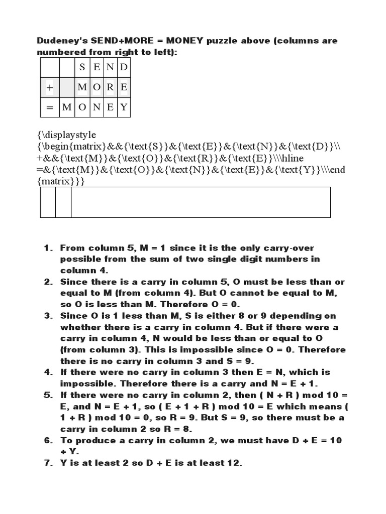 Send More Money Puzzle Solution | PDF | Teaching Methods & Materials