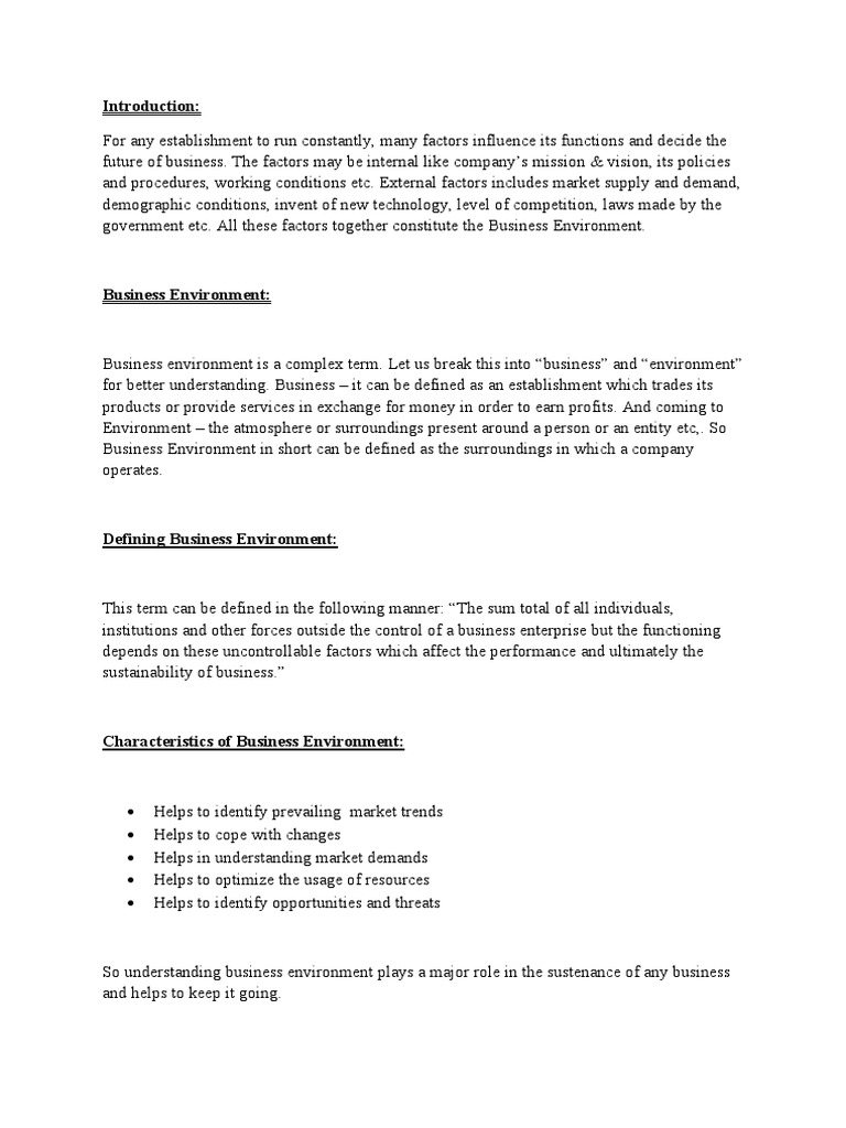 Dimensions of Business Environment PDF Business Market (Economics)