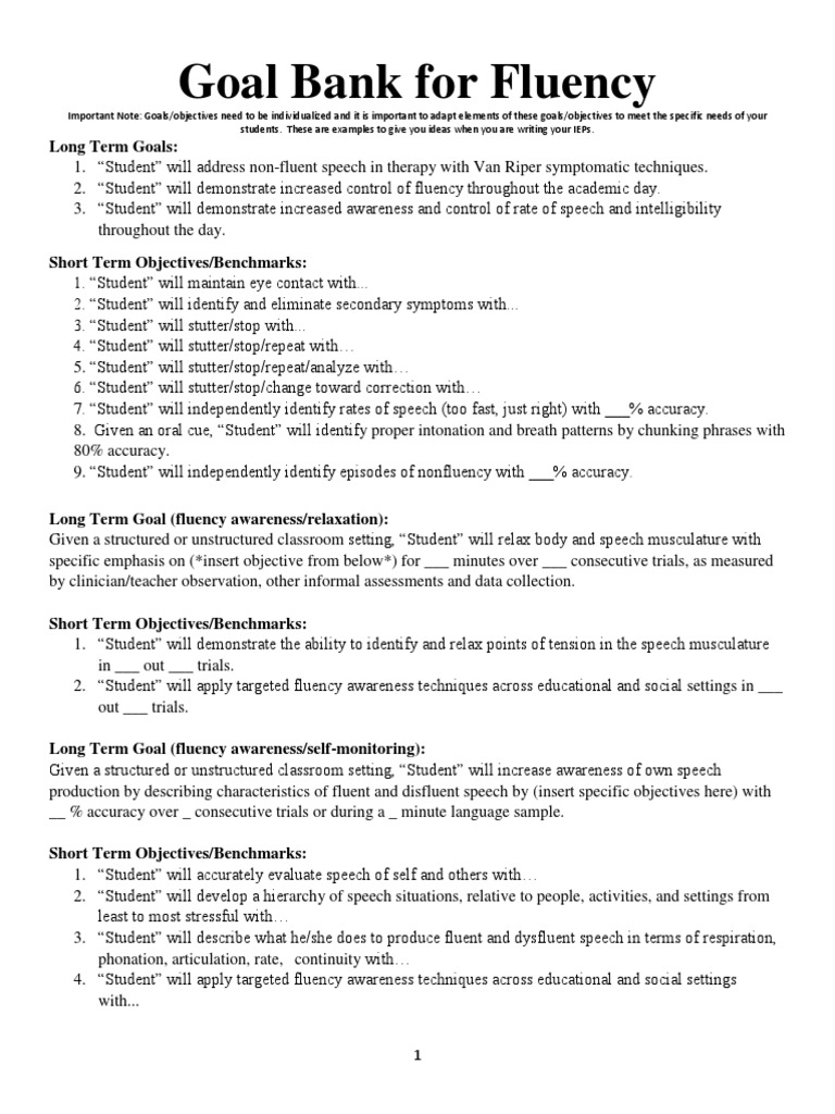 Goal Bank For Fluency  Fluency  Stuttering