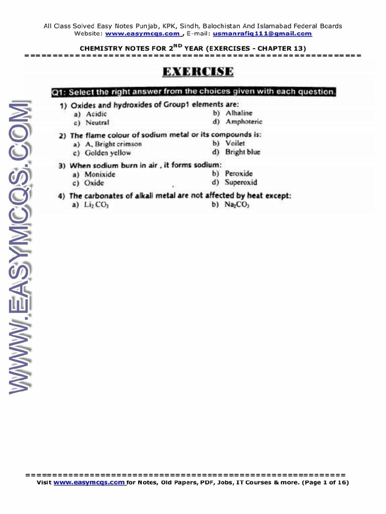 2nd Year Chemistry Chapter 13 Excercise Notes | PDF