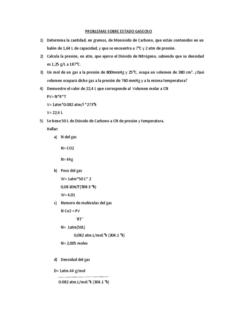 Problemas de Gases Ideales y Propiedades | PDF | Gases | Mole (Unidad)