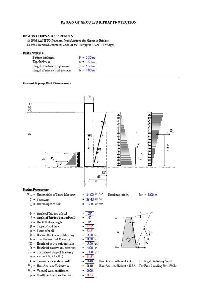 Design and Stability Analysis of a Grouted Riprap Retaining Wall | PDF