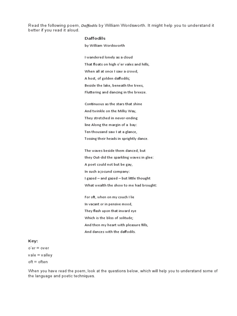 The Daffodils Worksheet PDF Poetry