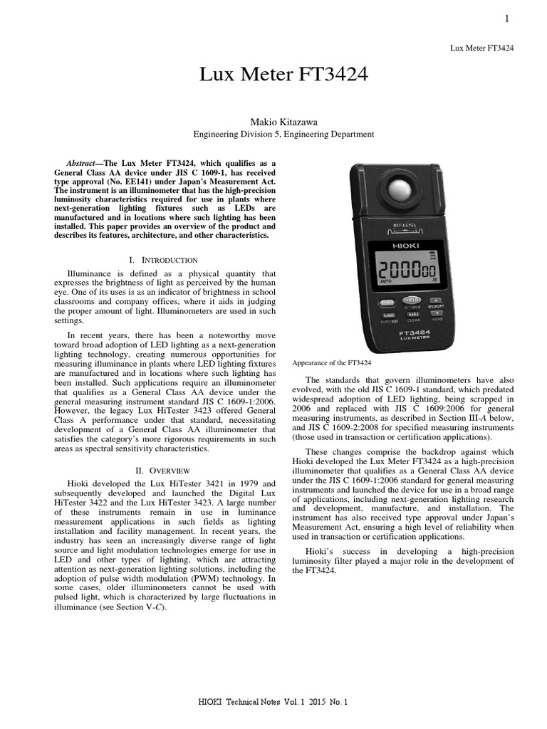 Lux Meter FT3424 Makio Kitazawa PDF Lighting Digital To Analog
