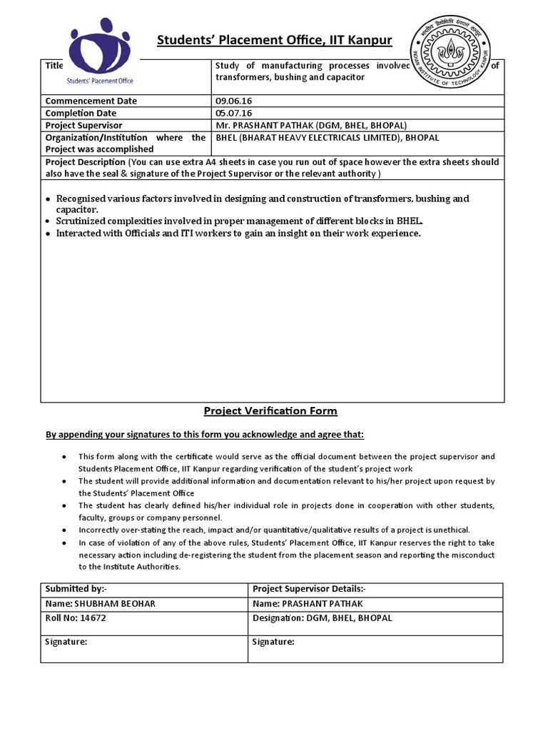 Students' Placement Office, IIT Kanpur: Project Verification Form 