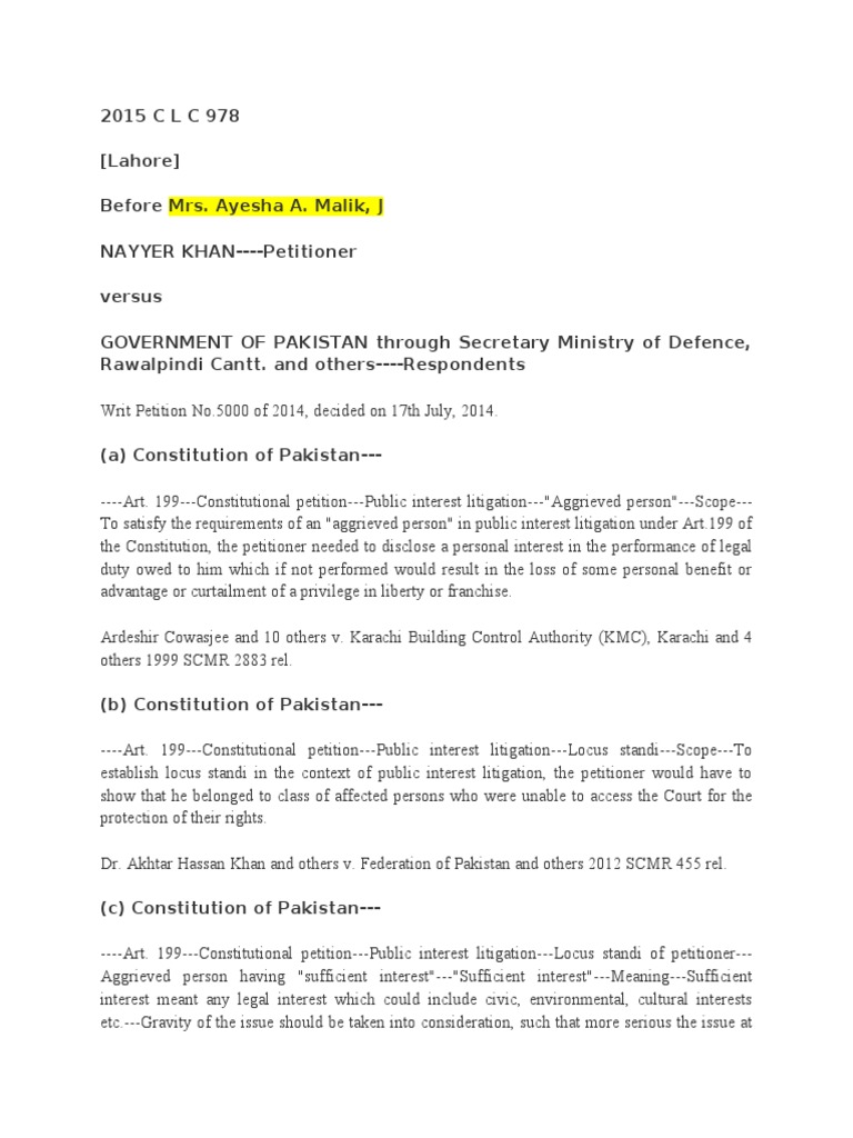 2015 C L C 978 Ayesha Malik On Standing PDF Standing (Law