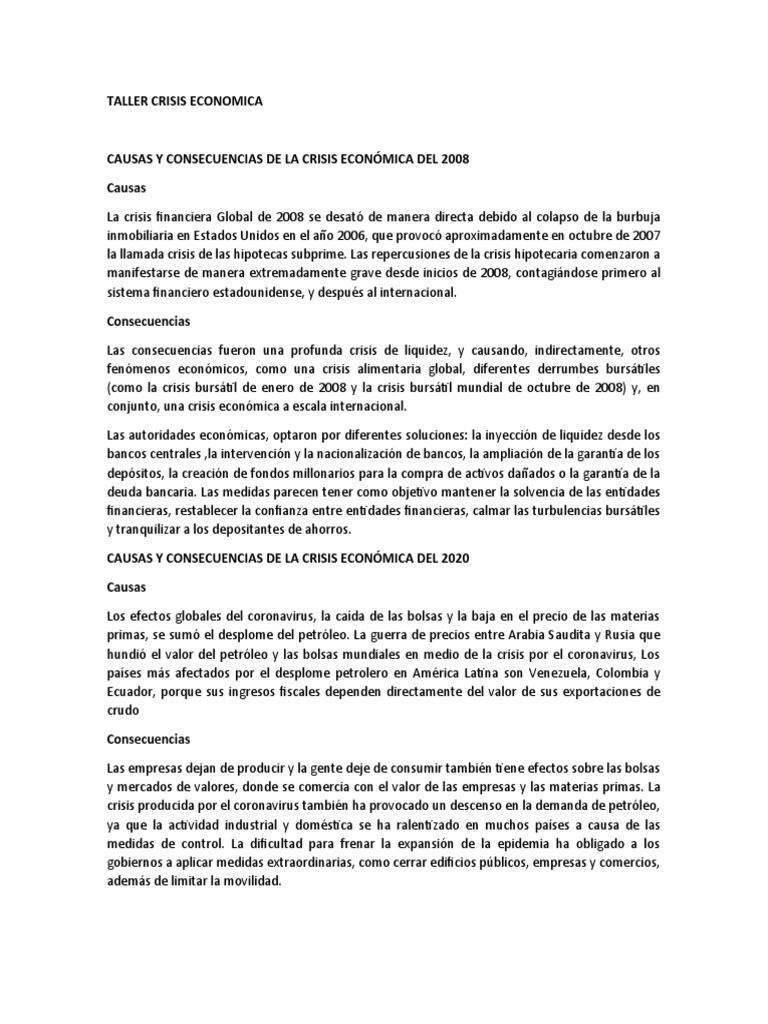 Causas y Consecuencias de La Crisis Económica Del 2008 | PDF | Crisis ...