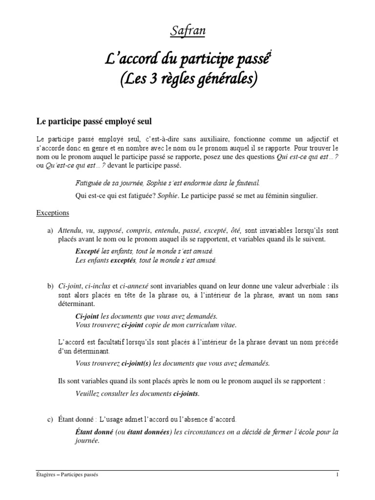 Exercice Participe Passé : 5ème Avec Correction Laccord Du Participe Passe 3 Regles PDF | PDF | Sujet (Grammaire) | Genre  grammatical