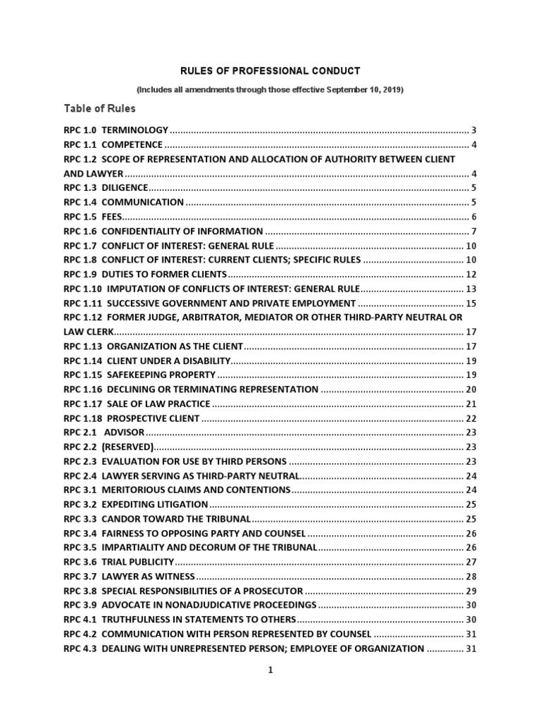 Table of Rules PDF Lawyer Conflict Of Interest