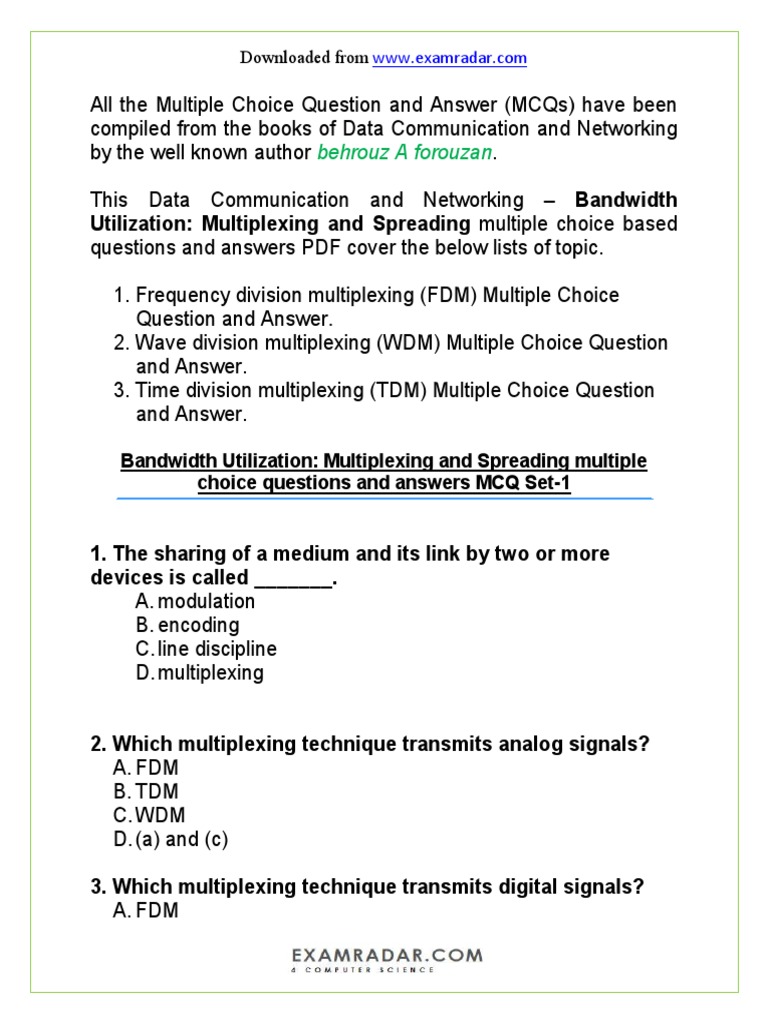 CH 6 Bandwidth Utilization Multiplexing and Spreading Multiple Choice