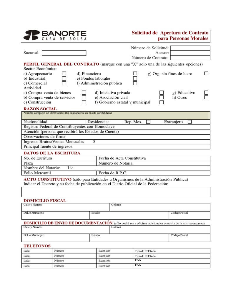 Solicitud - Contrato - Persona Moral (Cuenta Bancaria) PDF Gobierno