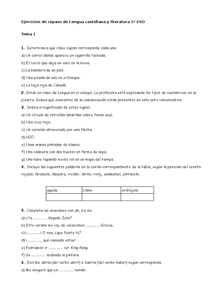 Ejercicios de Repaso de Lengua Castellana y Literatura 1º ESO - Odt ...