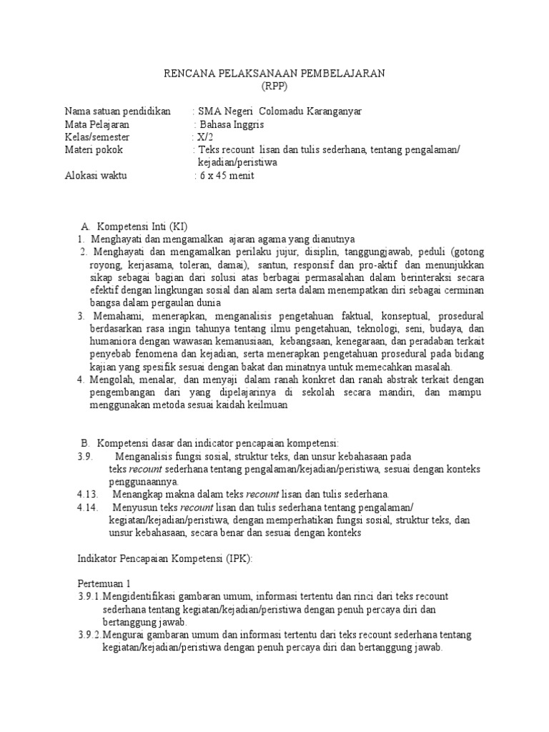 RPP Bahasa Inggris Kelas 10 SMA | PDF