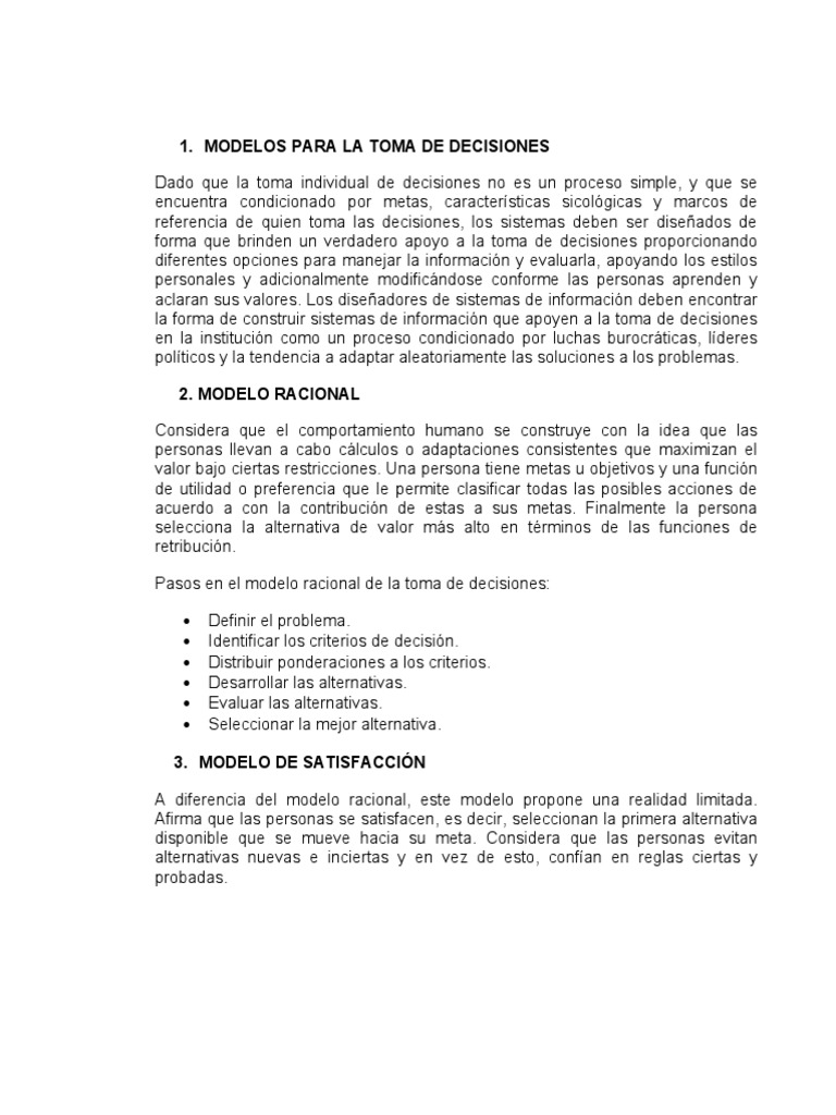 Modelos de Toma de Decisiones | PDF | Racionalidad | Toma de decisiones