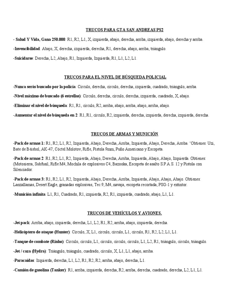 Trucos para Gta San Andreas PS2 PDF Ocio Deportes